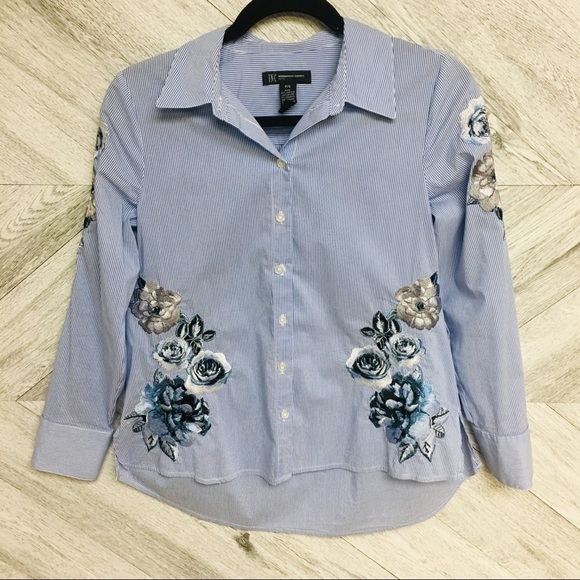 INC | Stripe Button Front Floral Embroidered Shirt - Picture 3 of 7